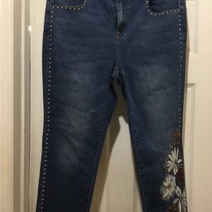 DG2 by Diane Gilman Dark Blue Straight Leg Jeans with Floral Accents